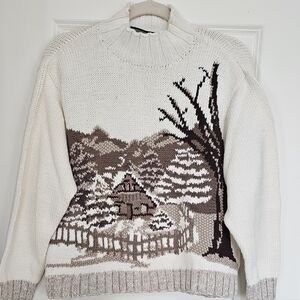 Liz Claiborne Sport Petite Sweater – Cozy Cabin Landscape Knit (Size M Petite)
